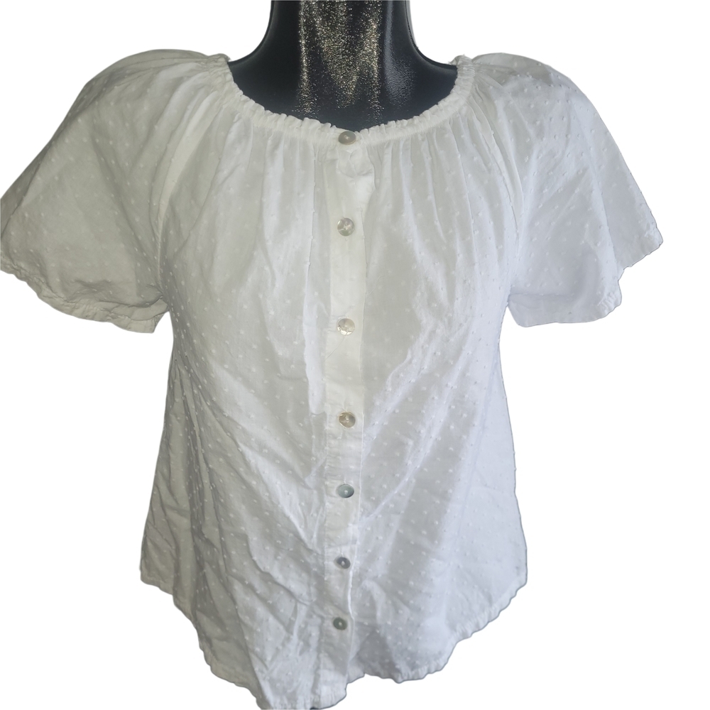 Terzo Millennio White Short Puff Sleeve Button-Up Peasant Style Cotton Top S
